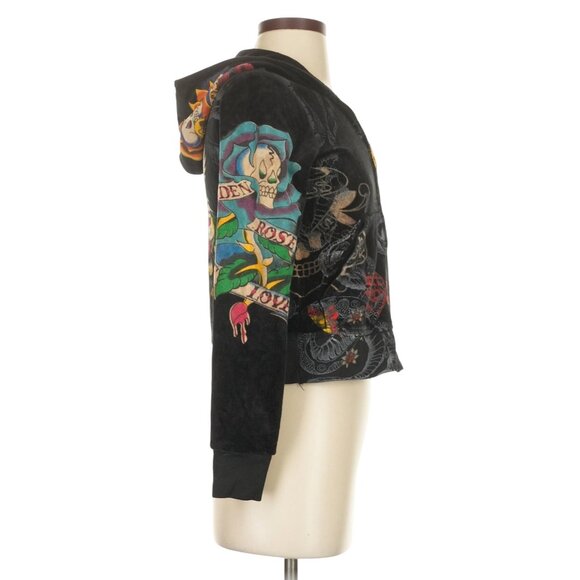 Vtg Y2K Ed Hardy Black Velour Zip Up Skull Tattoo Hoodie McBling Jacket Womens S - Picture 4 of 11
